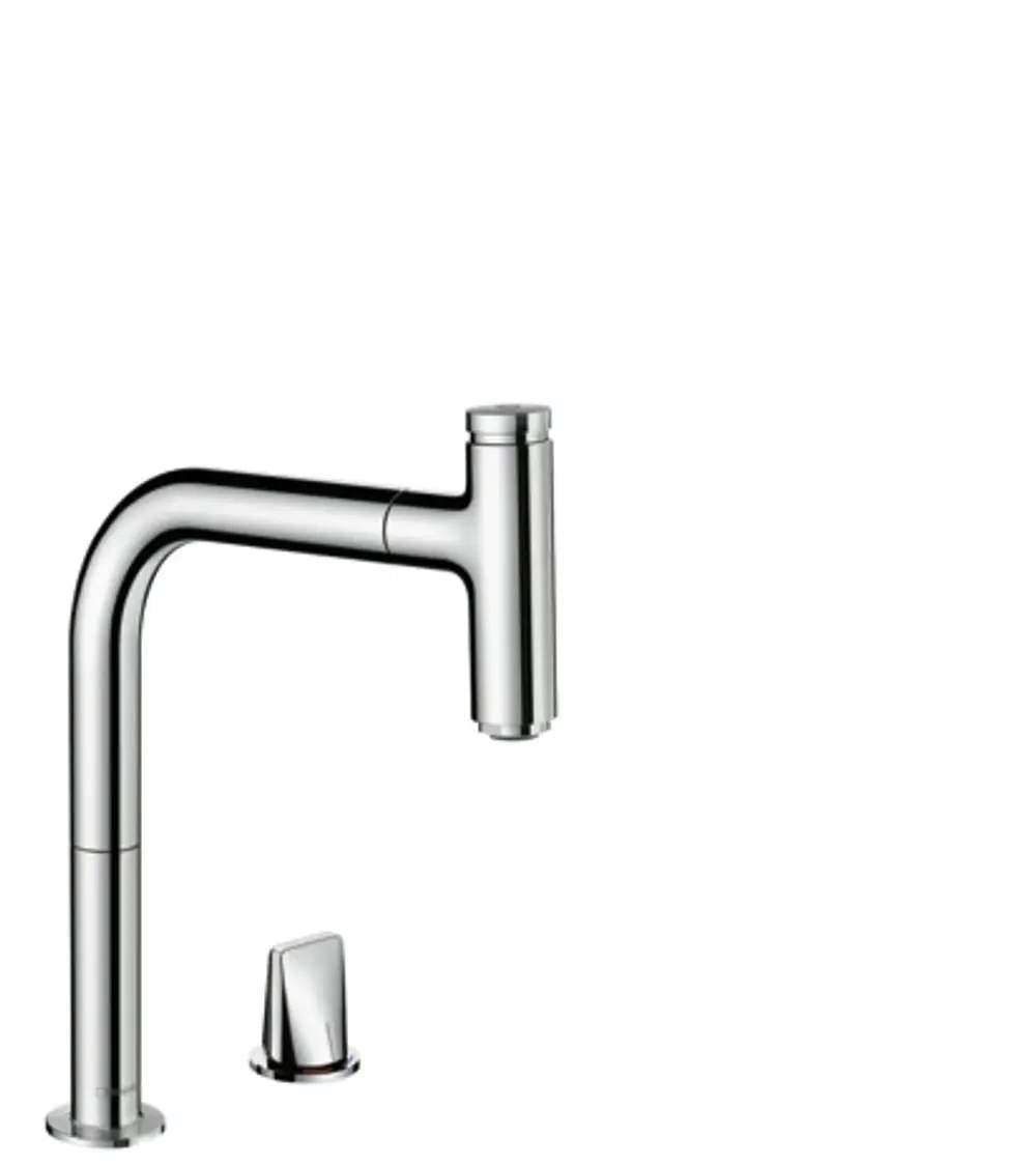 Hansgrohe Küchenarmatur mit Ausziehfunktion und Einhebelbedienung in Chrom. Der Wasserstrahl kann eingestellt werden. Kompakte Bauweise für einfache Nutzung.